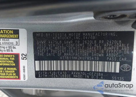 2019 Toyota Camry Se from USA, damaged, VIN 4T1B11HK2KU785419